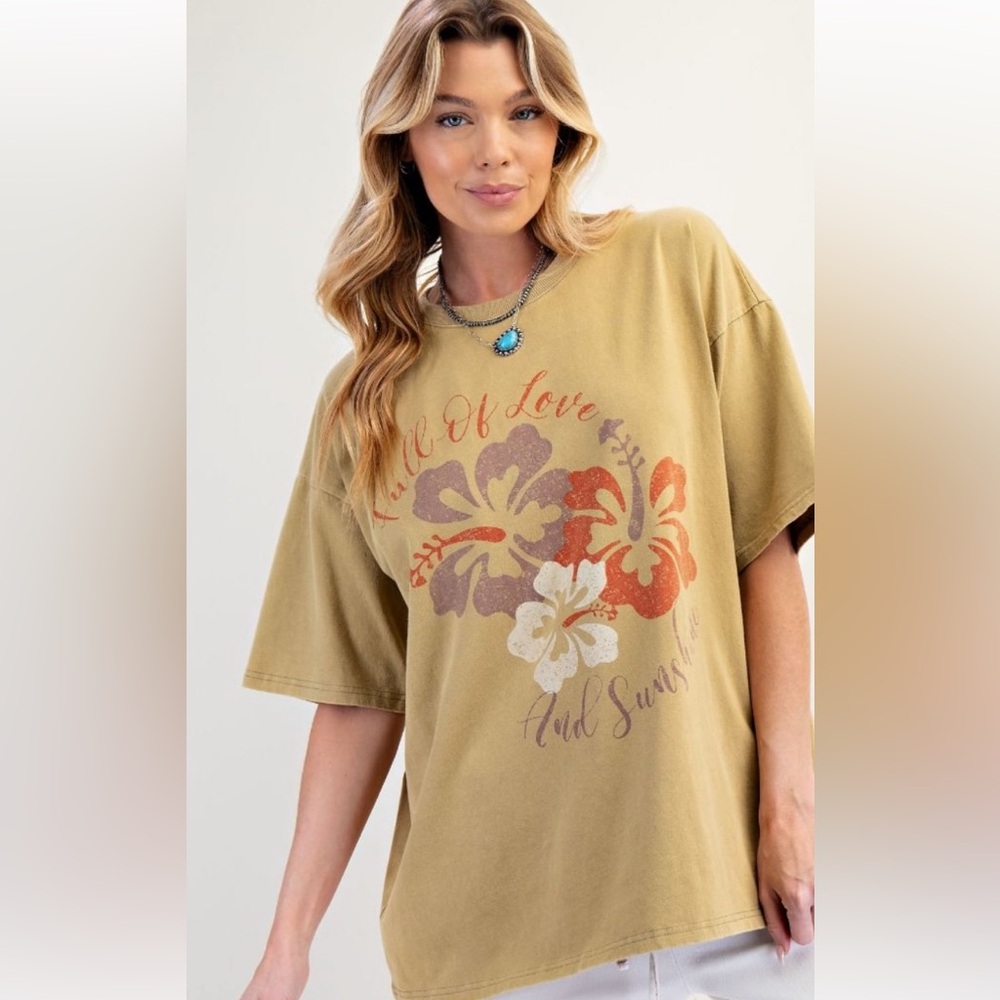330 🏝️EASEL HAWAIIAN FLORAL PRINT WASHED COTTON JERSEY TOP
